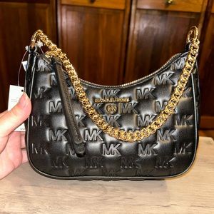 NWT Michael Kors Jet Set Charm Black Small Chain Pouchette Embossed
